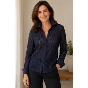 NWT Anne Fontaine Savine Navy Blue Lace Button Down Shirt Blouse H14F205 Size 46